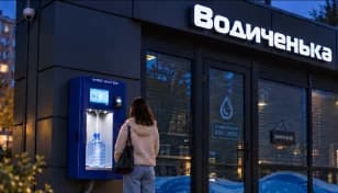 Клієнтка набирає воду з вуличної панелі самообслуговування ввечері